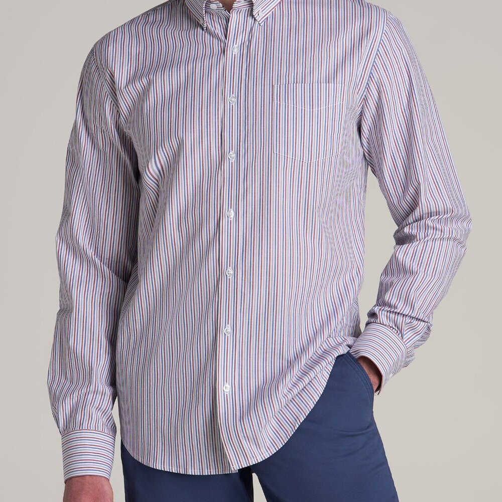 American Tall Soft-Wash Button-Up Shirt for Tall Men in Red and Blue Multi Strip
